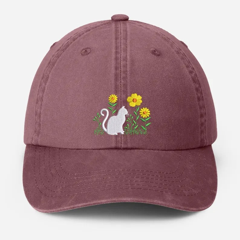 Cat & Flower Embroidered Hat, Floral Vintage Hat, Kitten Baseball Cap, Black Cat Summer Hat, Womens Flower Hat, Cat Lover Gift, Gift for Her