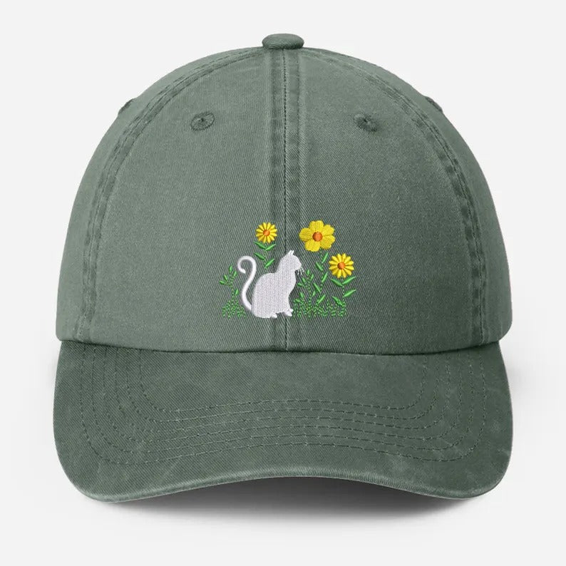 Cat & Flower Embroidered Hat, Floral Vintage Hat, Kitten Baseball Cap, Black Cat Summer Hat, Womens Flower Hat, Cat Lover Gift, Gift for Her