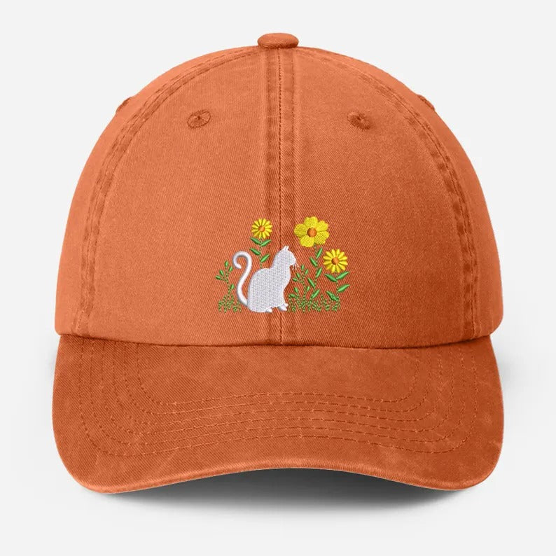 Cat & Flower Embroidered Hat, Floral Vintage Hat, Kitten Baseball Cap, Black Cat Summer Hat, Womens Flower Hat, Cat Lover Gift, Gift for Her