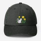 Cat & Flower Embroidered Hat, Floral Vintage Hat, Kitten Baseball Cap, Black Cat Summer Hat, Womens Flower Hat, Cat Lover Gift, Gift for Her