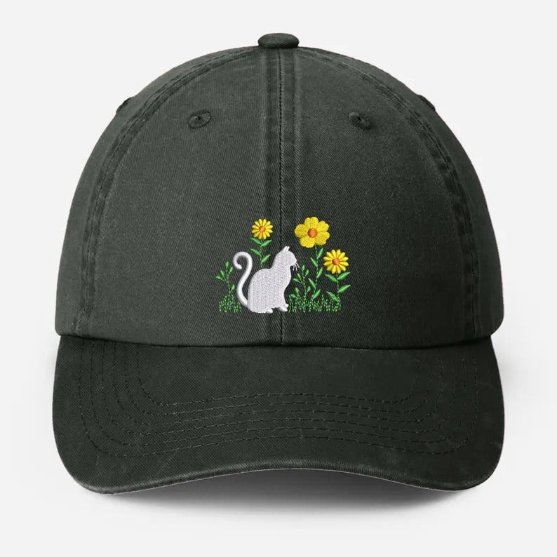 Cat & Flower Embroidered Hat, Floral Vintage Hat, Kitten Baseball Cap, Black Cat Summer Hat, Womens Flower Hat, Cat Lover Gift, Gift for Her