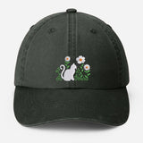 Cat & Flower Embroidered Hat, Floral Vintage Hat, Kitten Baseball Cap, Black Cat Summer Hat, Womens Flower Hat, Cat Lover Gift, Gift for Her