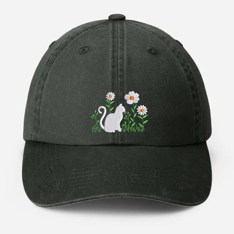 Cat & Flower Embroidered Hat, Floral Vintage Hat, Kitten Baseball Cap, Black Cat Summer Hat, Womens Flower Hat, Cat Lover Gift, Gift for Her