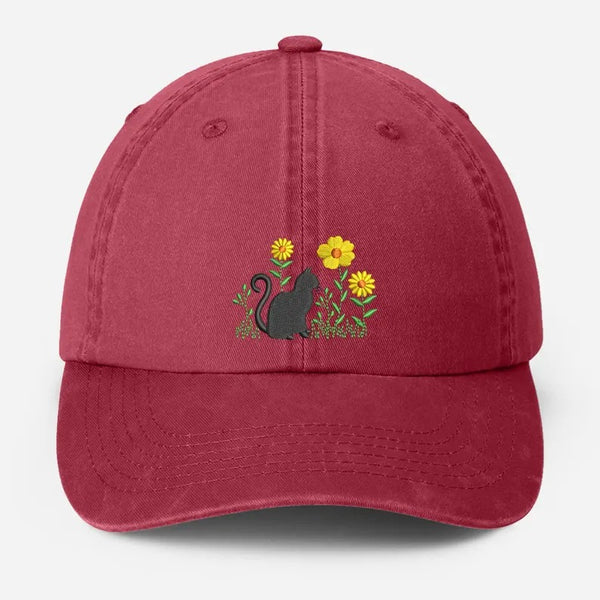 Cat & Flower Embroidered Hat, Floral Vintage Hat, Kitten Baseball Cap, Black Cat Summer Hat, Womens Flower Hat, Cat Lover Gift, Gift for Her