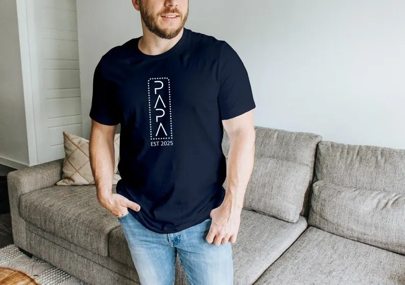 Personalised Papa T-Shirt, Custom Dad Est Year Printed Shirt, Pregnancy Announcement Tee, Cool Dad Birthday Party Tops, Father's Day Gift