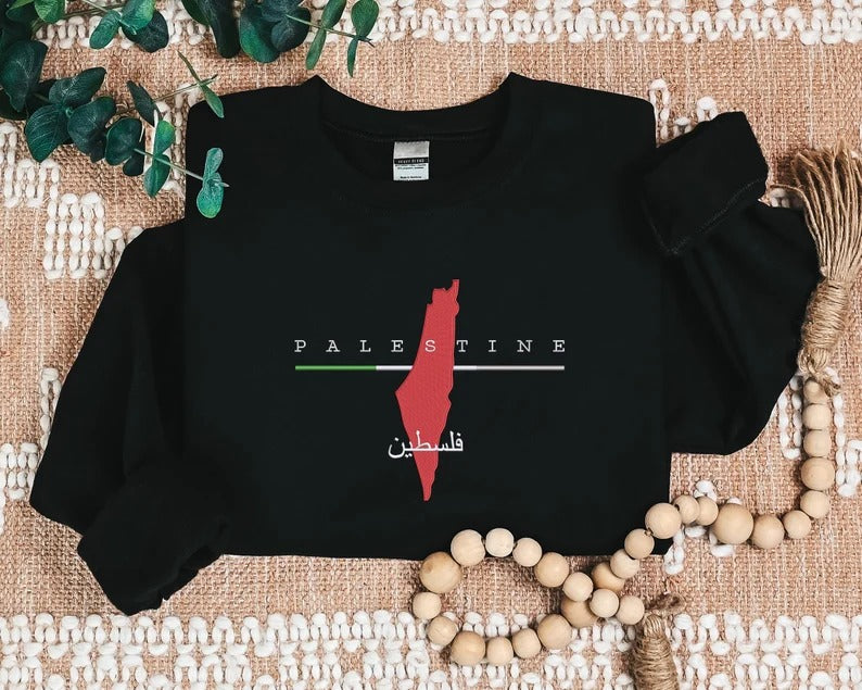 Palestine Map Embroidered Sweater, Palestine Crewneck Sweatshirt, Adults Unisex Comfy Colors Jumper, Palestine Clothing