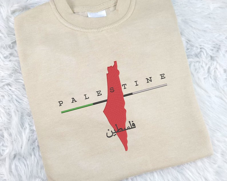 Palestine Map Embroidered Sweater, Palestine Crewneck Sweatshirt, Adults Unisex Comfy Colors Jumper, Palestine Clothing