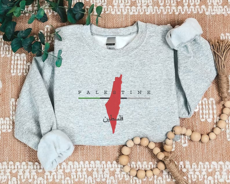 Palestine Map Embroidered Sweater, Palestine Crewneck Sweatshirt, Adults Unisex Comfy Colors Jumper, Palestine Clothing