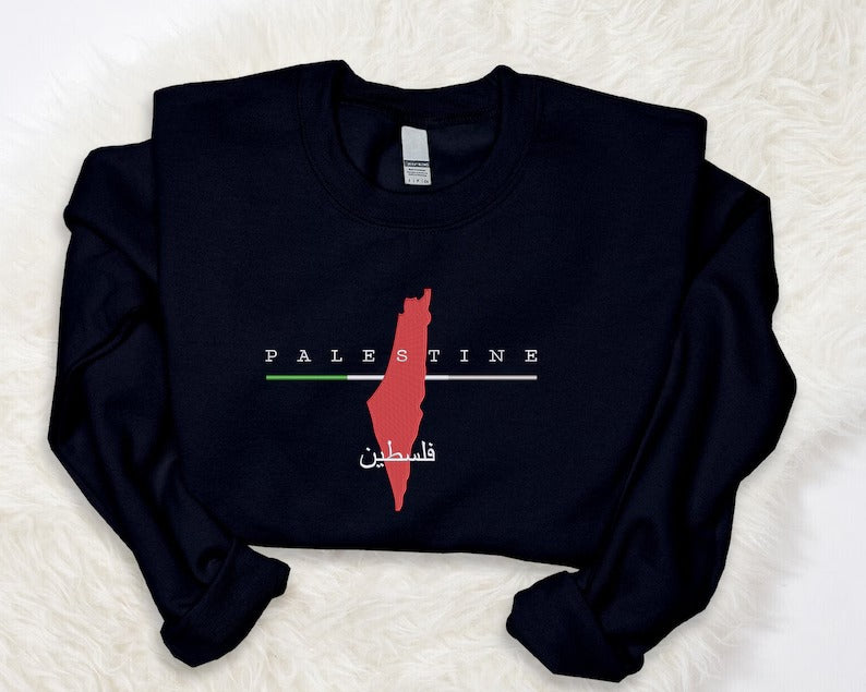 Palestine Map Embroidered Sweater, Palestine Crewneck Sweatshirt, Adults Unisex Comfy Colors Jumper, Palestine Clothing