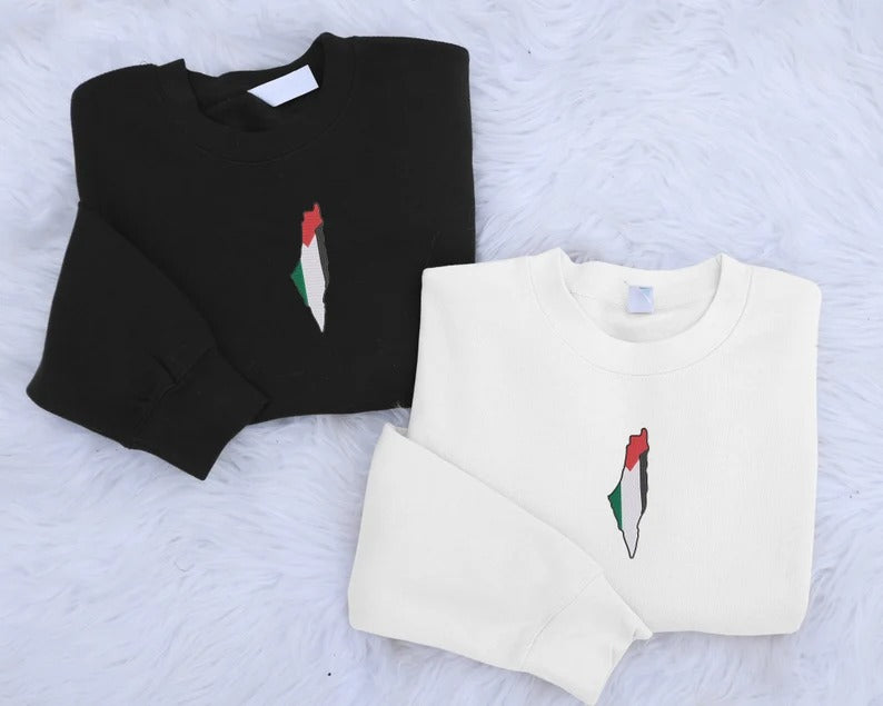 Palestine Flag Map Sweater, Palestine Embroidery Crewneck Sweatshirt, Adults Unisex Jumper, Palestine Clothing