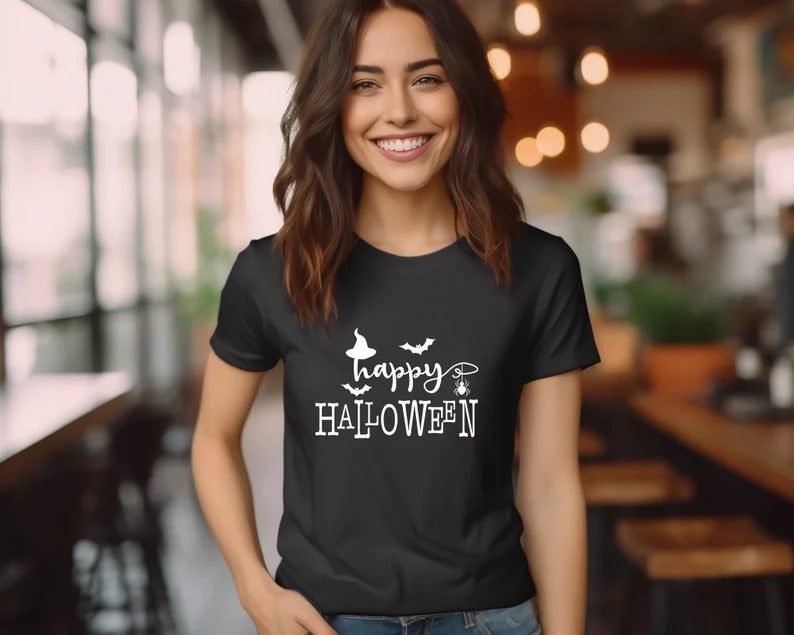 Happy Halloween T-Shirt, Vintage Fall Witch Hat Tee Shirt, Funny Halloween Printed Shirt, Spooky Season Tees, Halloween Party Clothing Gifts