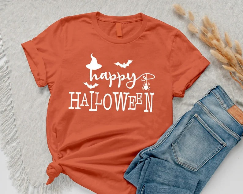 Happy Halloween T-Shirt, Vintage Fall Witch Hat Tee Shirt, Funny Halloween Printed Shirt, Spooky Season Tees, Halloween Party Clothing Gifts