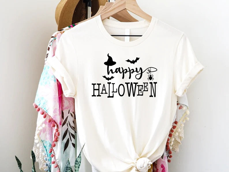 Happy Halloween T-Shirt, Vintage Fall Witch Hat Tee Shirt, Funny Halloween Printed Shirt, Spooky Season Tees, Halloween Party Clothing Gifts