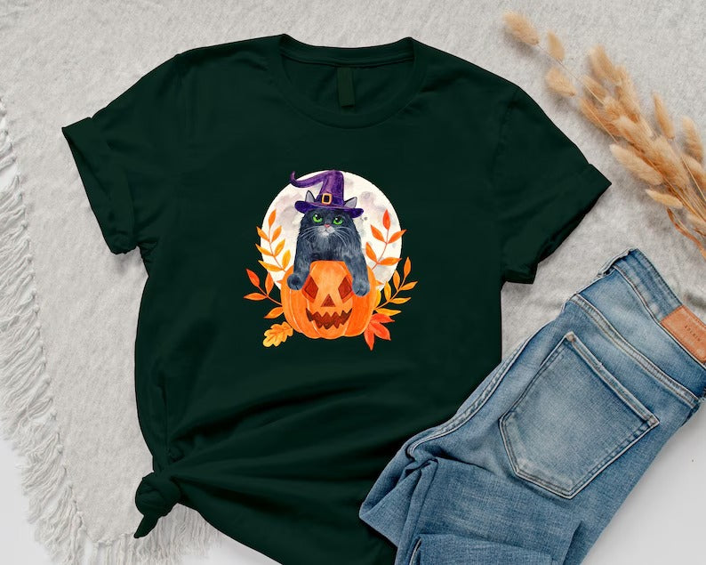 Cat on Pumpkin Halloween Shirt, Vintage Fall Pumpkin Tee Shirt, Halloween Witch Cat Printed Shirt, Autumn Outfits, Halloween Cat Lover Gifts