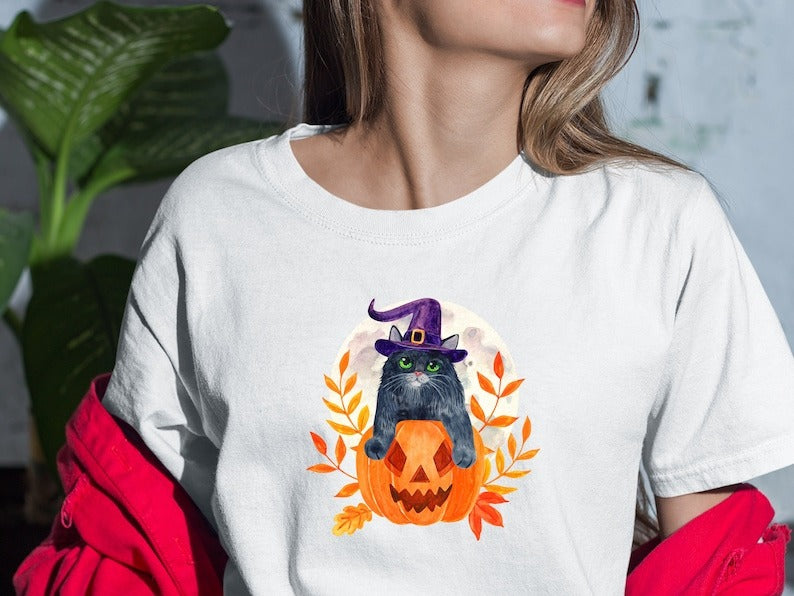 Cat on Pumpkin Halloween Shirt, Vintage Fall Pumpkin Tee Shirt, Halloween Witch Cat Printed Shirt, Autumn Outfits, Halloween Cat Lover Gifts