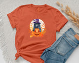 Cat on Pumpkin Halloween Shirt, Vintage Fall Pumpkin Tee Shirt, Halloween Witch Cat Printed Shirt, Autumn Outfits, Halloween Cat Lover Gifts