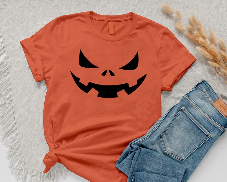 Halloween Pumpkin Face Shirt, Halloween Winking Pumpkin T-Shirt, Cute Halloween Party Printed Tee Tops, Comfy Family Matching Fall Outfits