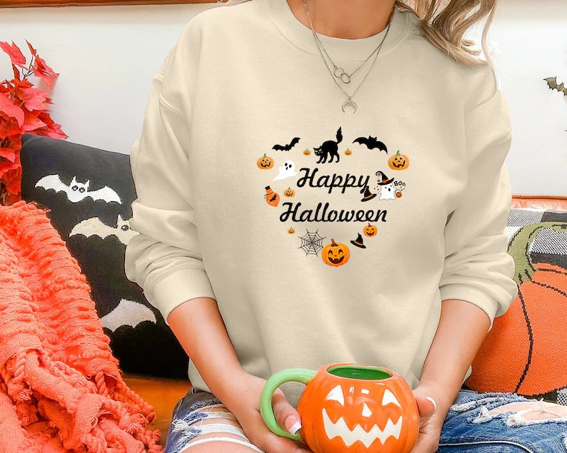 Happy Halloween Sweatshirt, Funny Halloween Pumpkins Sweater, Autumn Fall Printed Jumper for Adults, Halloween Party Family Clothing Gifts