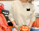 Cute Black Cat Halloween Sweatshirt, Fall Cat Printed Sweatshirt, Vintage Halloween Party Jumper, Spooky Season Shirt, Halloween Clothing