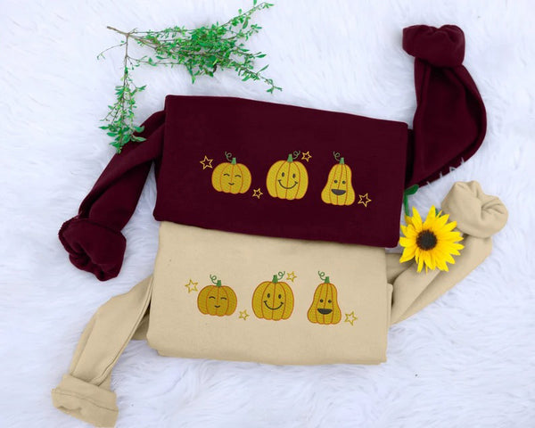 Halloween Trio Pumpkins Sweatshirt, Vintage Halloween Embroidered Sweater, Funny Fall Matching Jumpers, Comfy Halloween Outfits for Adults