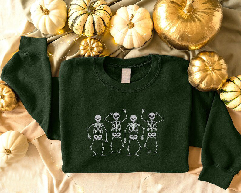 Halloween Dancing Skeletons Sweater, Embroidered Dainty Skull Sweatshirt, Vintage Fall Spooky Season Jumper, Cute Halloween Party Clothing