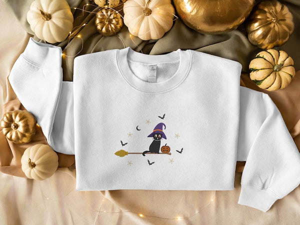 Embroidered Witch Goth Sweatshirt, Halloween Adults Witchy Clothing, Fall Cat Sweatshirt Gifts for Him/Her, Spooky Season Halloween Costumes