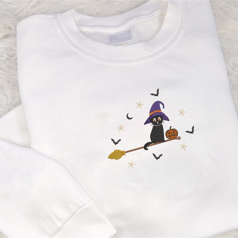 Embroidered Witch Goth Sweatshirt, Halloween Adults Witchy Clothing, Fall Cat Sweatshirt Gifts for Him/Her, Spooky Season Halloween Costumes