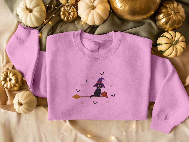 Embroidered Witch Goth Sweatshirt, Halloween Adults Witchy Clothing, Fall Cat Sweatshirt Gifts for Him/Her, Spooky Season Halloween Costumes