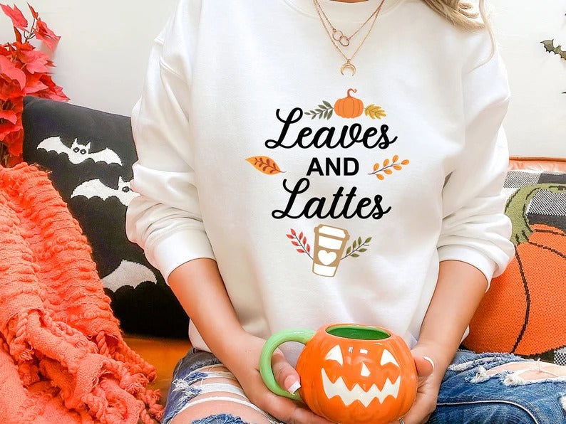 Leaves and Lattes Sweater, Autumn Fall Halloween Printed Sweatshirt, Autumn Fall Maple Leaves Jumper, Halloween Night Family Matching Outfit