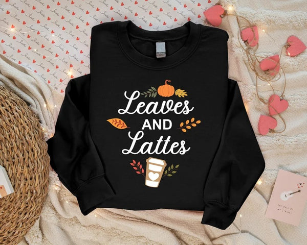 Leaves and Lattes Sweater, Autumn Fall Halloween Printed Sweatshirt, Autumn Fall Maple Leaves Jumper, Halloween Night Family Matching Outfit