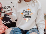 Leaves and Lattes Sweater, Autumn Fall Halloween Printed Sweatshirt, Autumn Fall Maple Leaves Jumper, Halloween Night Family Matching Outfit