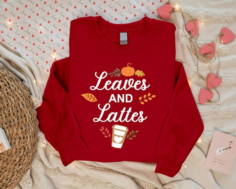 Leaves and Lattes Sweater, Autumn Fall Halloween Printed Sweatshirt, Autumn Fall Maple Leaves Jumper, Halloween Night Family Matching Outfit