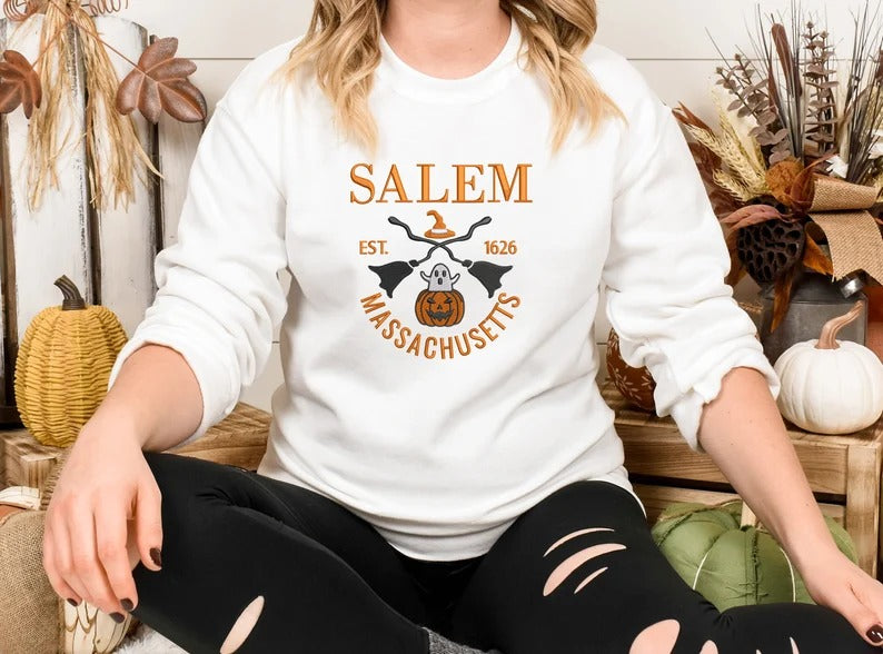 Salem Massachusetts Embroidered Sweatshirt, Halloween Trendy Autumn Crewneck, Vintage Salem Sweatshirt, Spooky Season Unisex Sweatshirt