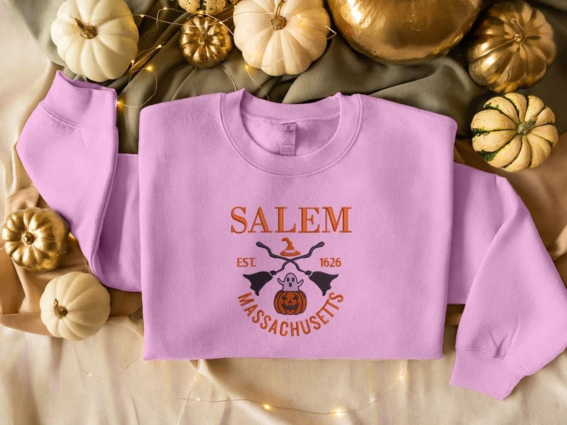 Salem Massachusetts Embroidered Sweatshirt, Halloween Trendy Autumn Crewneck, Vintage Salem Sweatshirt, Spooky Season Unisex Sweatshirt