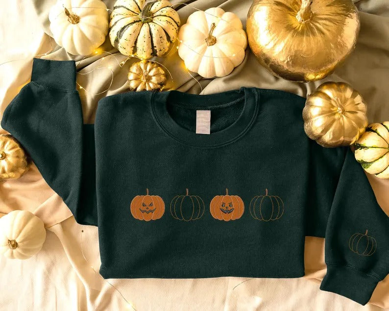 Embroidered Pumpkin Sweatshirt, Halloween Fall Jumper, Jack-o-Lantern Sweatshirt, Halloween Embroidered Sweater, Spooky Season Fall Outfits