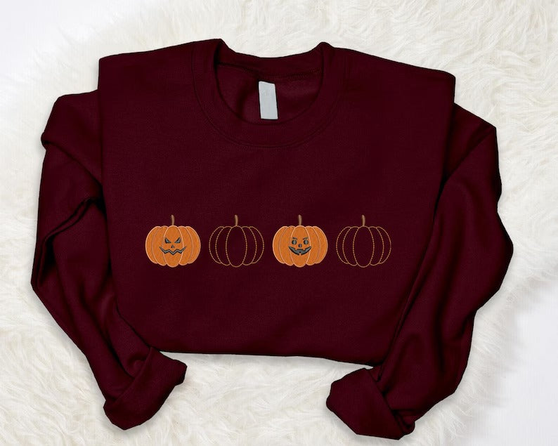 Embroidered Pumpkin Sweatshirt, Halloween Fall Jumper, Jack-o-Lantern Sweatshirt, Halloween Embroidered Sweater, Spooky Season Fall Outfits