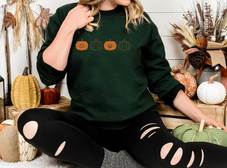 Embroidered Pumpkin Sweatshirt, Halloween Fall Jumper, Jack-o-Lantern Sweatshirt, Halloween Embroidered Sweater, Spooky Season Fall Outfits