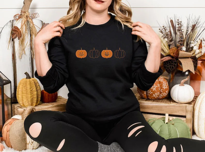 Embroidered Pumpkin Sweatshirt, Halloween Fall Jumper, Jack-o-Lantern Sweatshirt, Halloween Embroidered Sweater, Spooky Season Fall Outfits