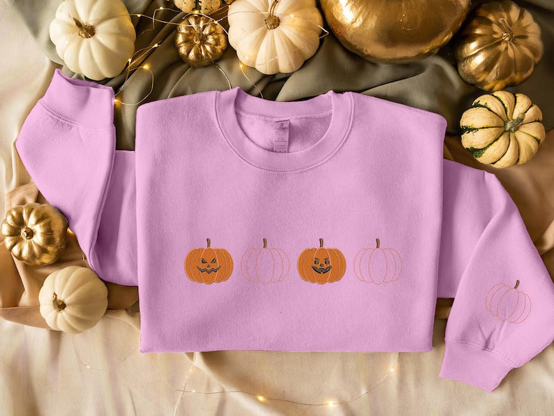 Embroidered Pumpkin Sweatshirt, Halloween Fall Jumper, Jack-o-Lantern Sweatshirt, Halloween Embroidered Sweater, Spooky Season Fall Outfits