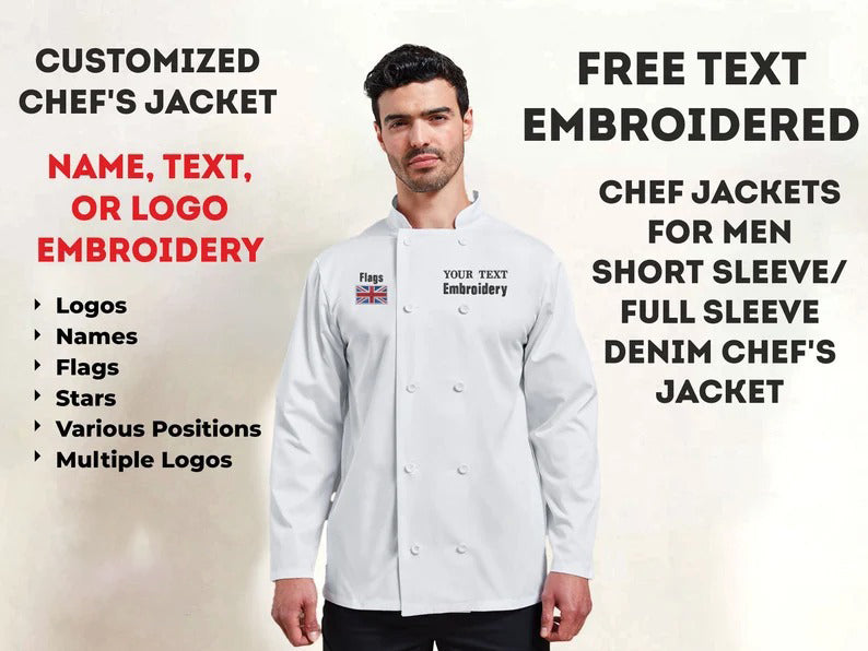 Embroidered Men's Chef Jacket, Personalised Chest Logo / Text Jacket, Custom Monogrammed Flag on Sleeve Chef Cooking Jacket, Gifts for Chef