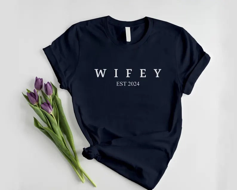 Custom Hubby/Wifey Printed T-Shirt, Personalised Special Est Date Shirt, Wifey Wedding Hen Do Tees, Bride and Groom Couple Matching Shirts