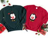 Cute Penguin Christmas Sweatshirt, Personalised Couple Initials Xmas Sweater, Christmas Animal Matching Jumper, Xmas Penguin Lovers Gifts