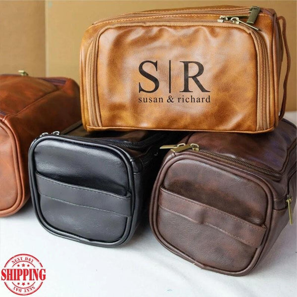 Personalised Leather Engraved Toiletry Bag, Custom Mens Monogram Dopp Kit, Groomsman Toiletry Bag, Leather Accessory Bag, Best Gift for Him