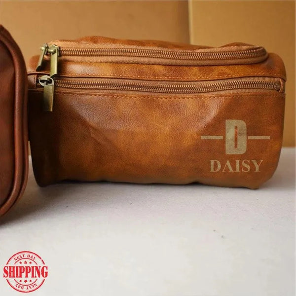 Mens Leather Engraved Toiletry Bag, Personalised Groomsman Dopp Kit, Custom Monogrammed Travel Toiletry Bag, Leather Accessory Bag for Him