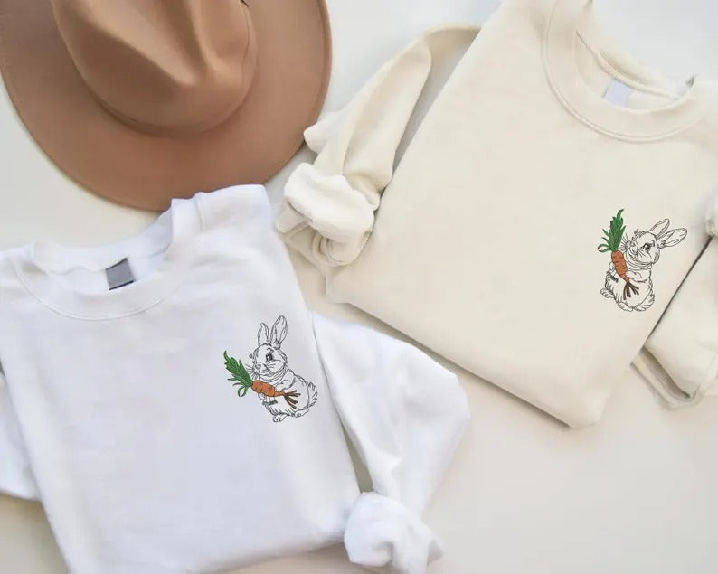 Embroidered Easter Bunny Sweatshirt, Funny Easter Day Sweater for Women, Cute Bunny with Carrot Crewneck Jumper, Easter Bunny Lover Gifts