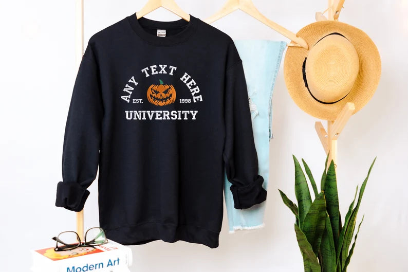 Halloween Embroidered Sweatshirt, Personalised Text/Date Crewneck University Fall Jumper, Vintage Halloween Theme Pumpkin Embroidery Costume