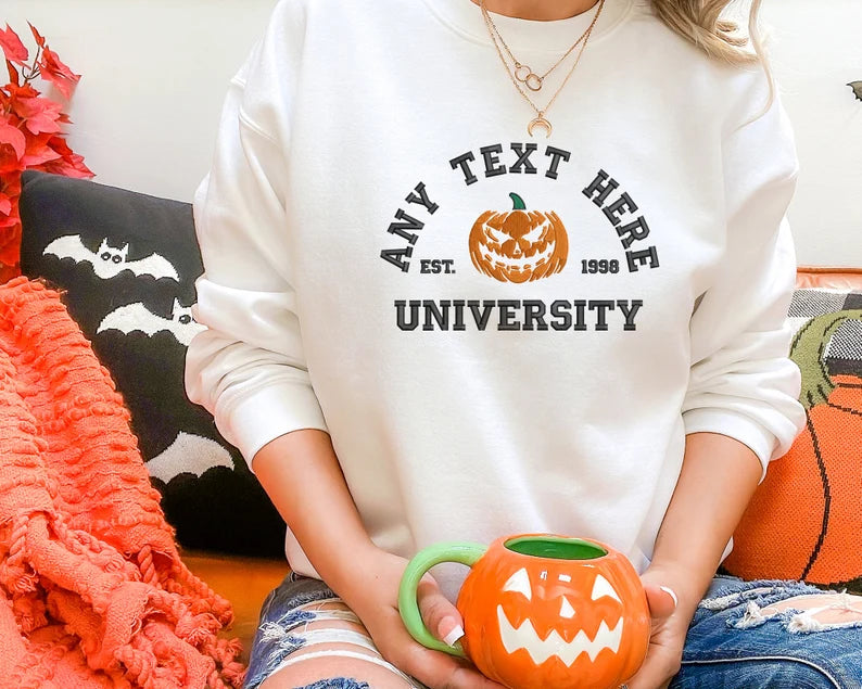 Halloween Embroidered Sweatshirt, Personalised Text/Date Crewneck University Fall Jumper, Vintage Halloween Theme Pumpkin Embroidery Costume