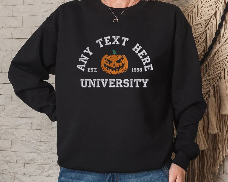 Halloween Embroidered Sweatshirt, Personalised Text/Date Crewneck University Fall Jumper, Vintage Halloween Theme Pumpkin Embroidery Costume