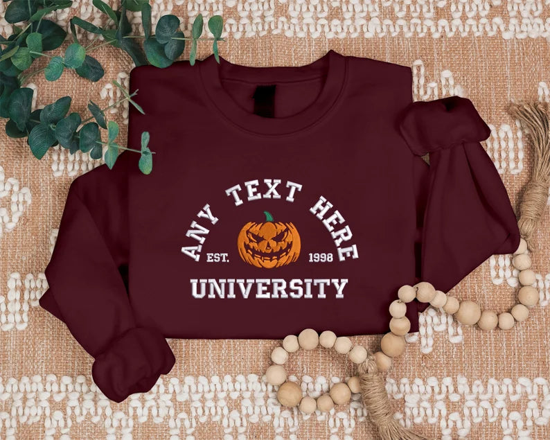 Halloween Embroidered Sweatshirt, Personalised Text/Date Crewneck University Fall Jumper, Vintage Halloween Theme Pumpkin Embroidery Costume