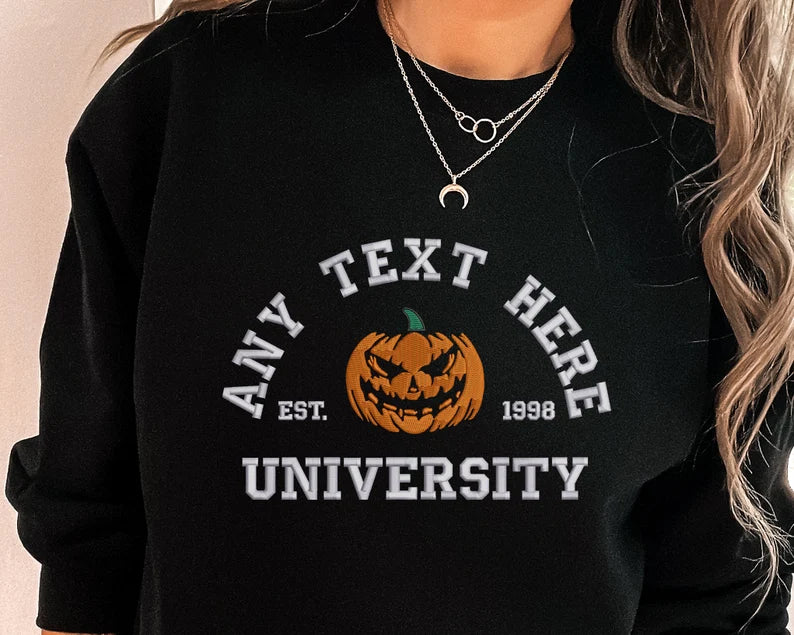 Halloween Embroidered Sweatshirt, Personalised Text/Date Crewneck University Fall Jumper, Vintage Halloween Theme Pumpkin Embroidery Costume